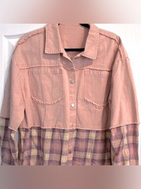 New Boutique Pink and Plaid Button-Up Lightweight Shacket/Jacket Distressed Hem